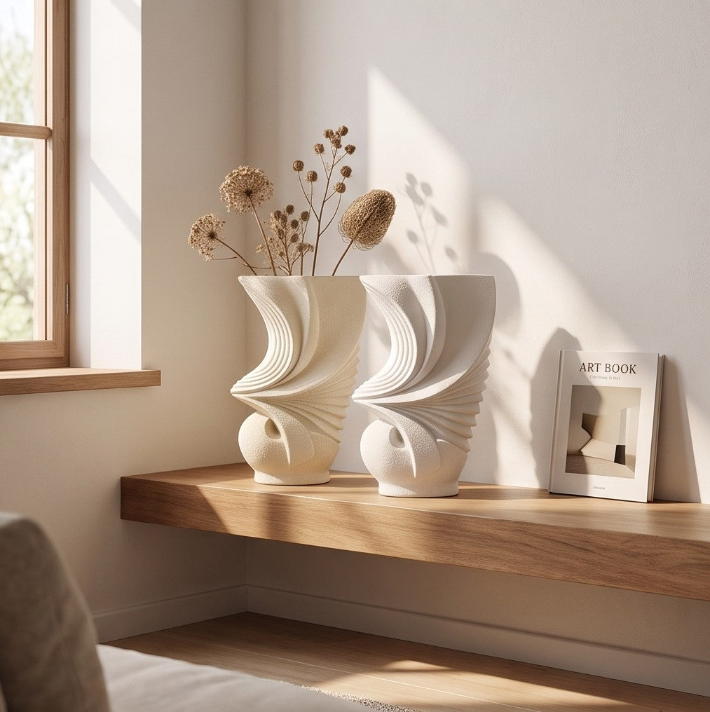 Next beige and white pleated ceramic vases