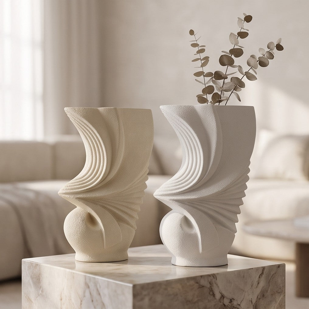 Next beige and white pleated ceramic vases