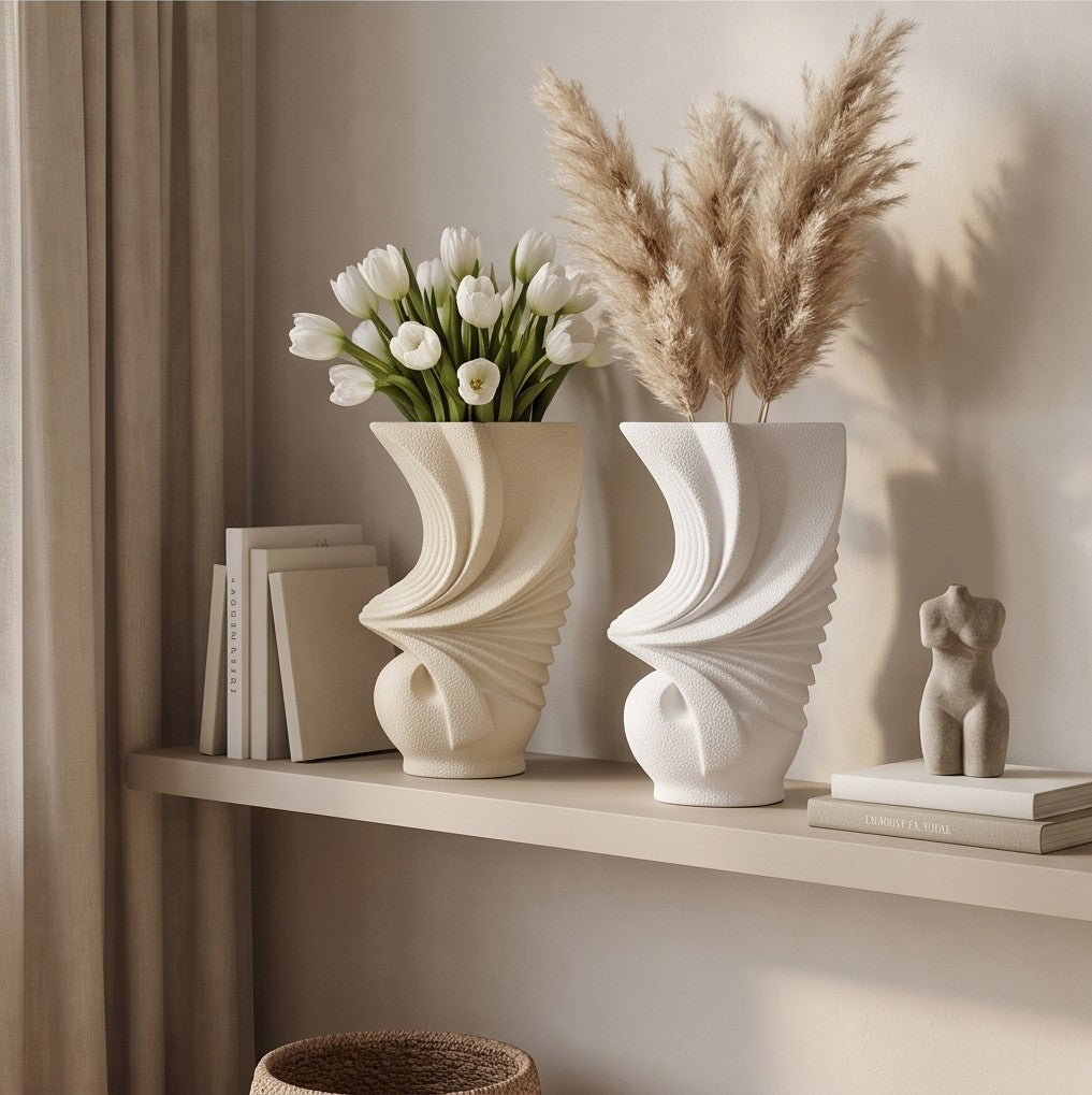 Next beige and white pleated ceramic vases