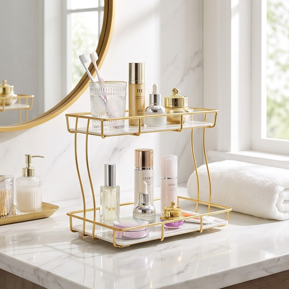 2 Tier Rectangular Golden Vanity Stand