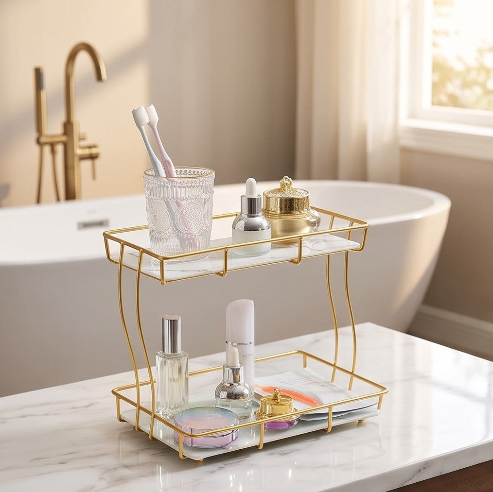2 Tier Rectangular Golden Vanity Stand