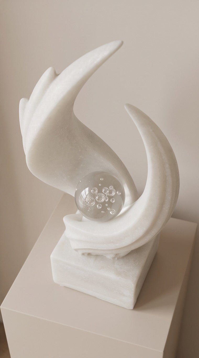 Abstract White Marble Sculpture with Crystal Orb – Modern Art Showpiece