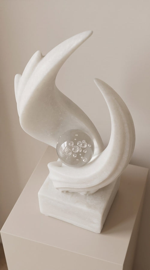 Abstract White Marble Sculpture with Crystal Orb – Modern Art Showpiece