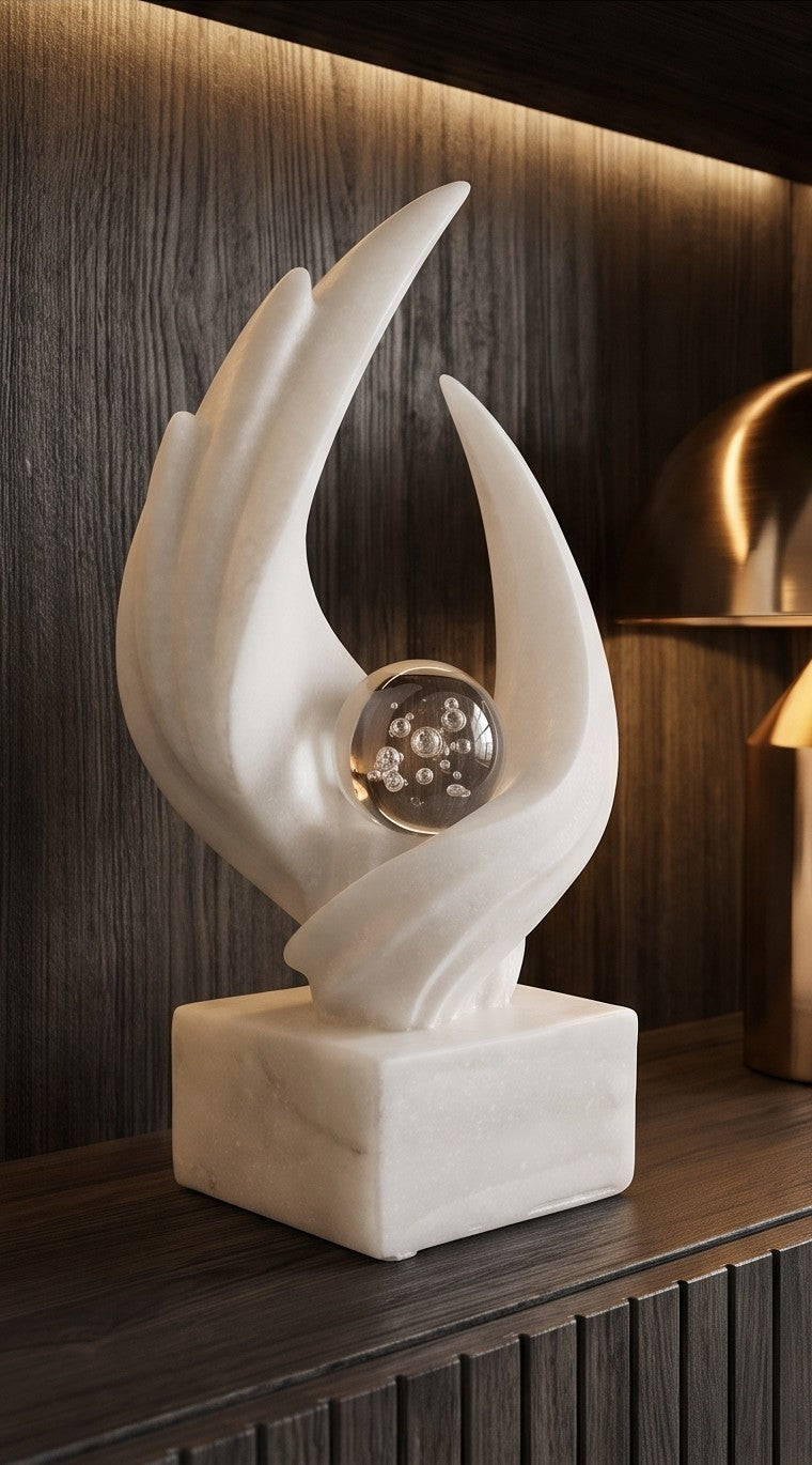 Abstract White Marble Sculpture with Crystal Orb – Modern Art Showpiece