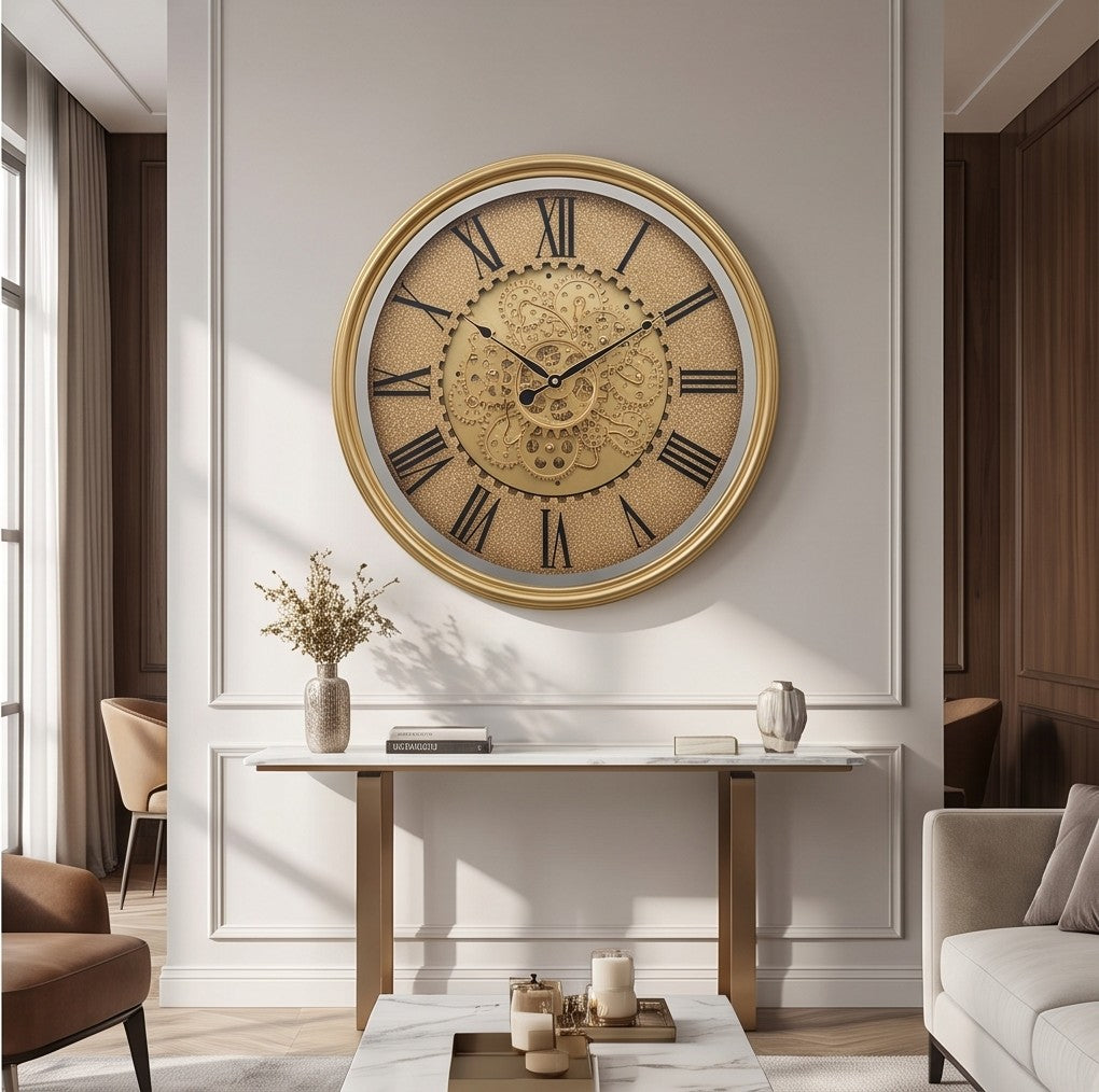 Luxury Gold Gear Wall Clock – Large Roman Numeral Decorative Clock