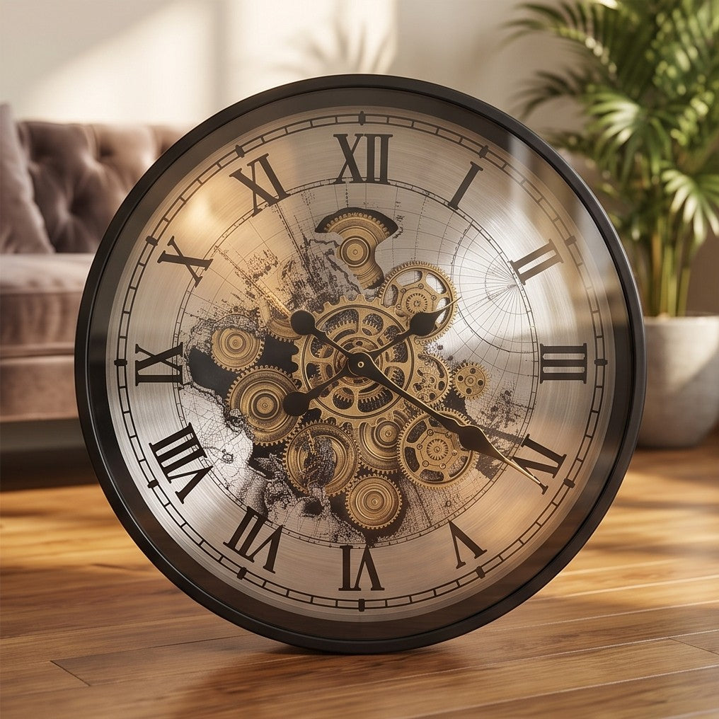 Steampunk Gear Clock Accent Table – Round Side Table with Marble Shelf