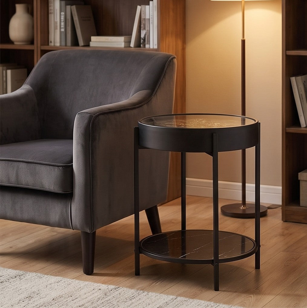 Steampunk Gear Clock Accent Table – Round Side Table with Marble Shelf