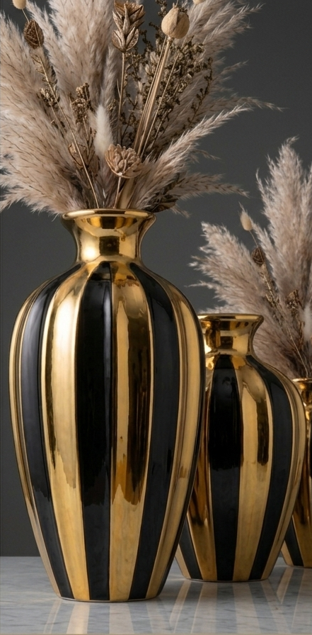 Modern Black and Gold Striped Ceramic Vase Set