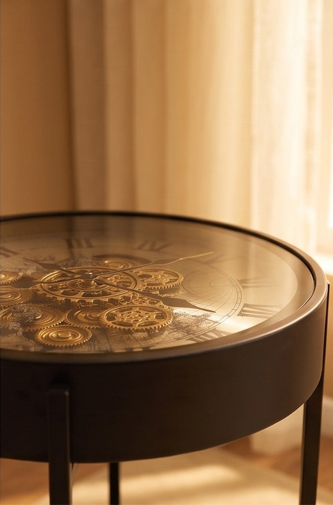 Steampunk Gear Clock Accent Table – Round Side Table with Marble Shelf
