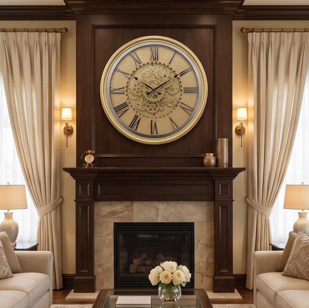 Luxury Gold Gear Wall Clock – Large Roman Numeral Decorative Clock