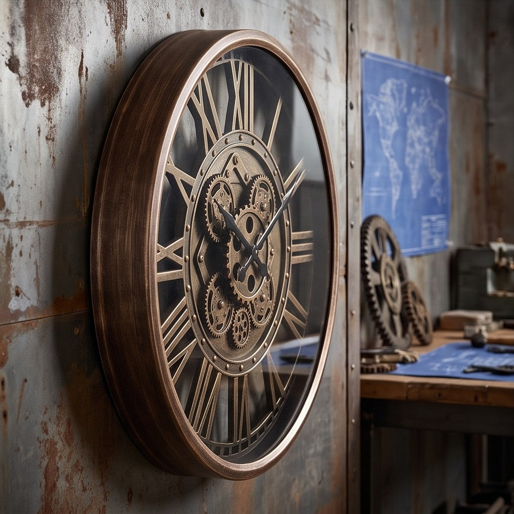 Vintage bronze gear wall clock on industrial wall