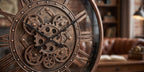 Close-up of vintage bronze gear wall clock