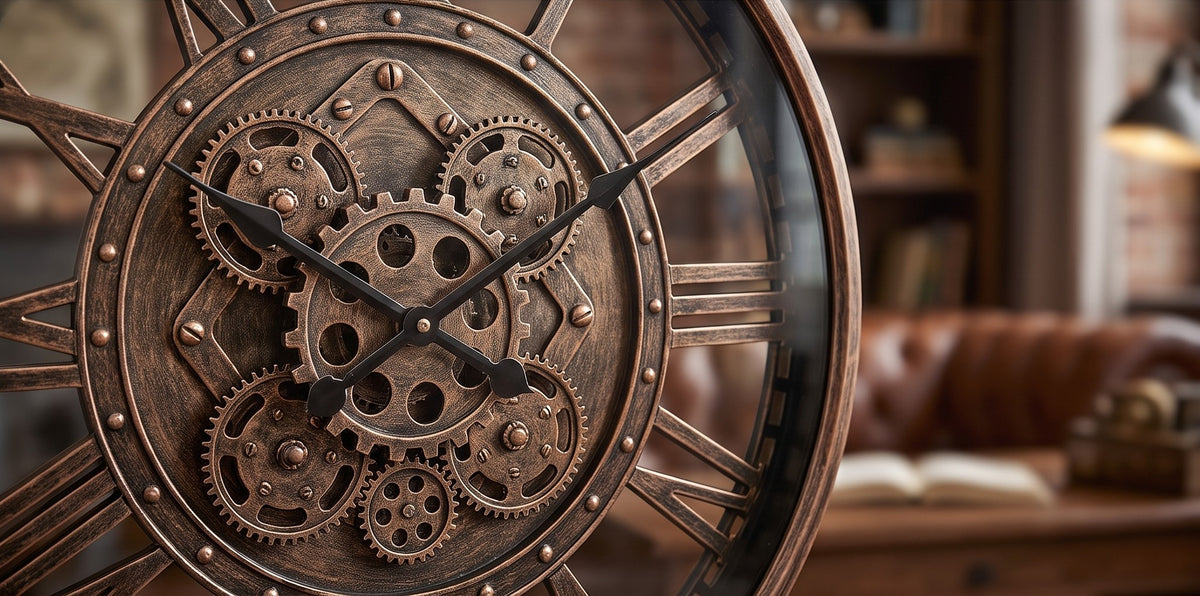 Close-up of vintage bronze gear wall clock