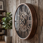 Vintage gear wall clock mounted on wood wall