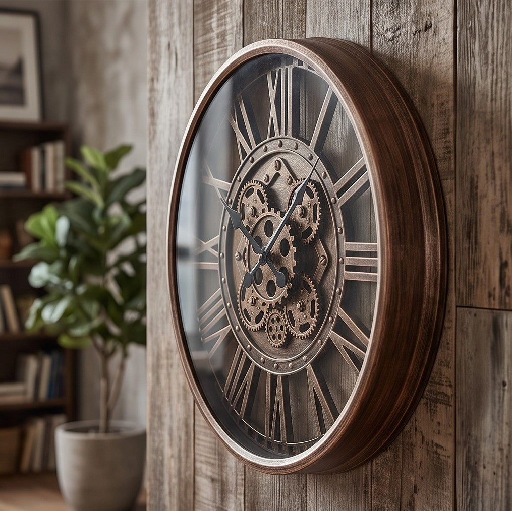 Vintage gear wall clock mounted on wood wall