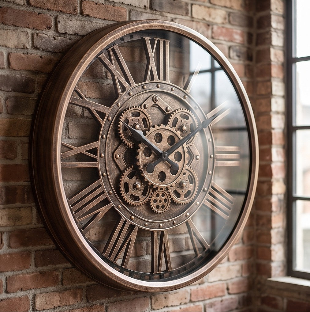 Vintage gear wall clock on brick wall