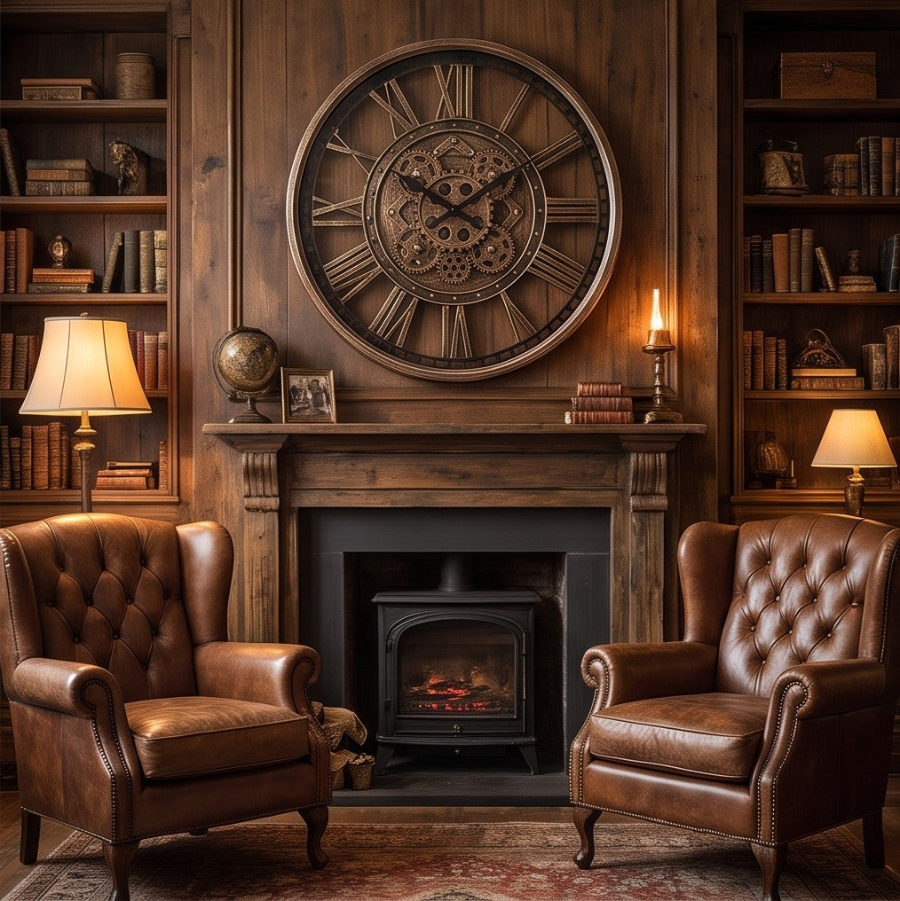 Vintage gear wall clock styled in classic study