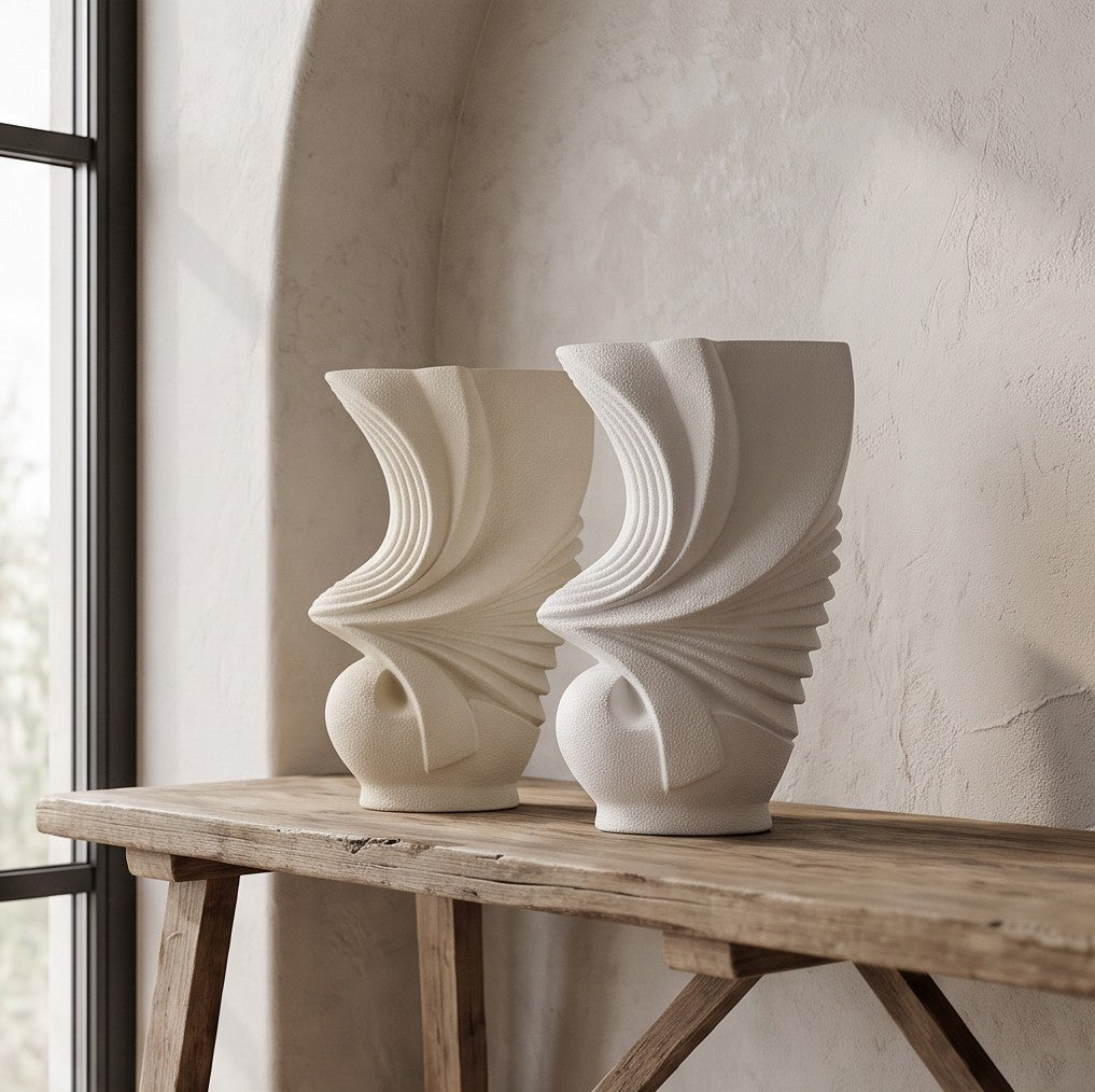 Next beige and white pleated ceramic vases