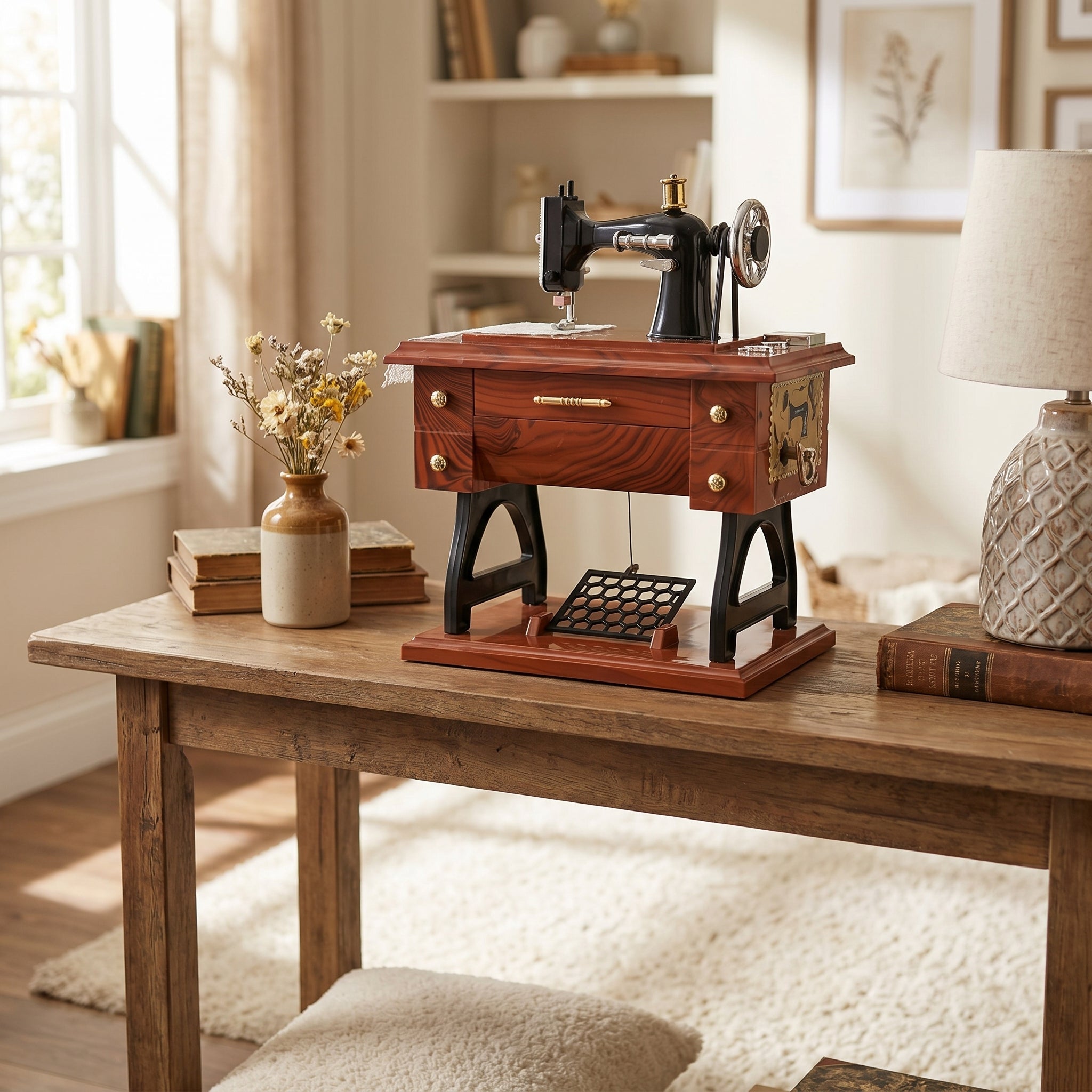 Antique Wooden Sewing Machine Decor Showpiece